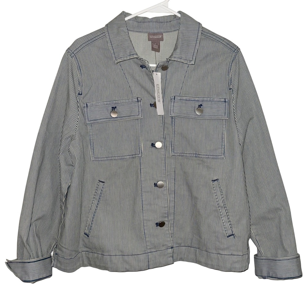 Chico's Sky Stripe Easy Jacket Indigo Button Front Stretch Size 1 NWT‎